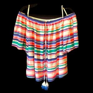 Vibrant Lilly Pulitzer NWT Off Shoulder Top. Pinks, Blues, White Stripe. XL.